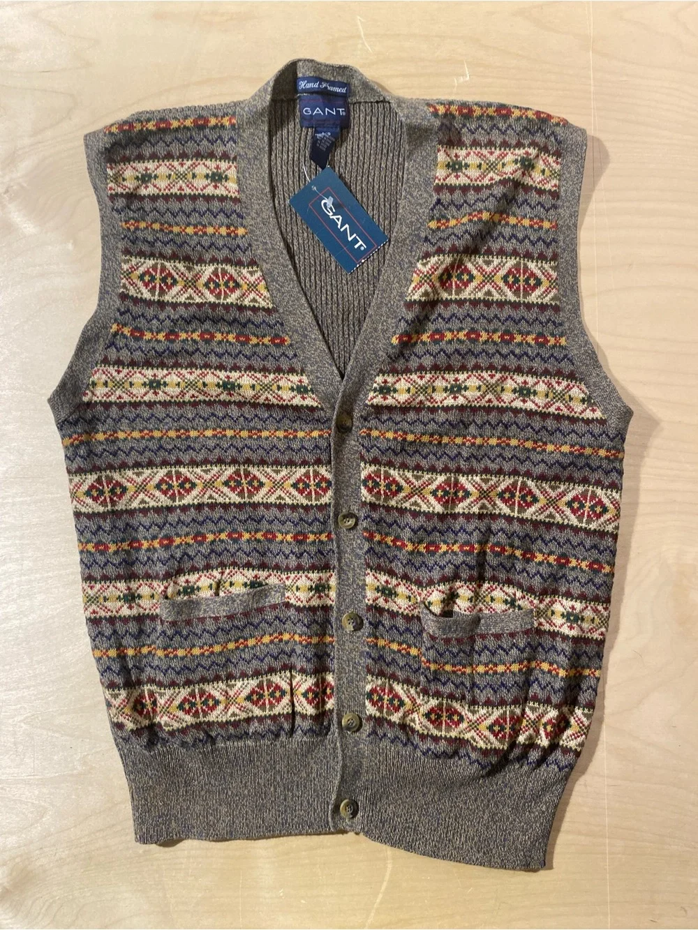 Gant Men's Gray-Brown Fair Isle Button Vest Large (SW)